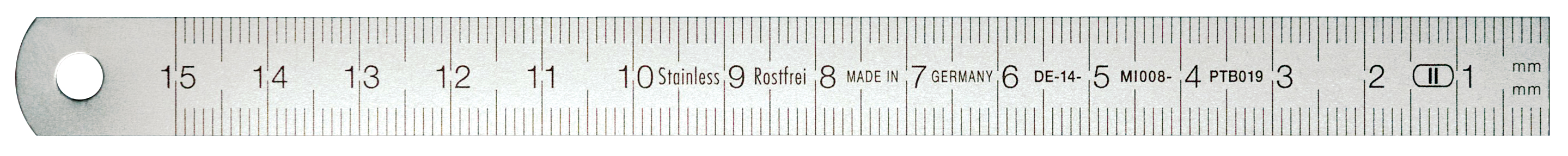 Rostfri linjal med skala höger→vänster med 1 mm-gradering, 10000×30×1 mm, mattförkromat rostfritt stål, gradering 1 mm, EC klass II