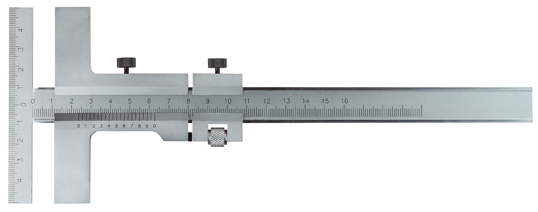 Rits-skjutmått T-format i rostfritt stål, mätområde 0-300 mm, baslängd 160 mm, nonius 0,05 mm, mattförkromad bom, markeringsyta/korsskala med mm-gradering (50-0–50 mm), låsskruv, utan finjustering