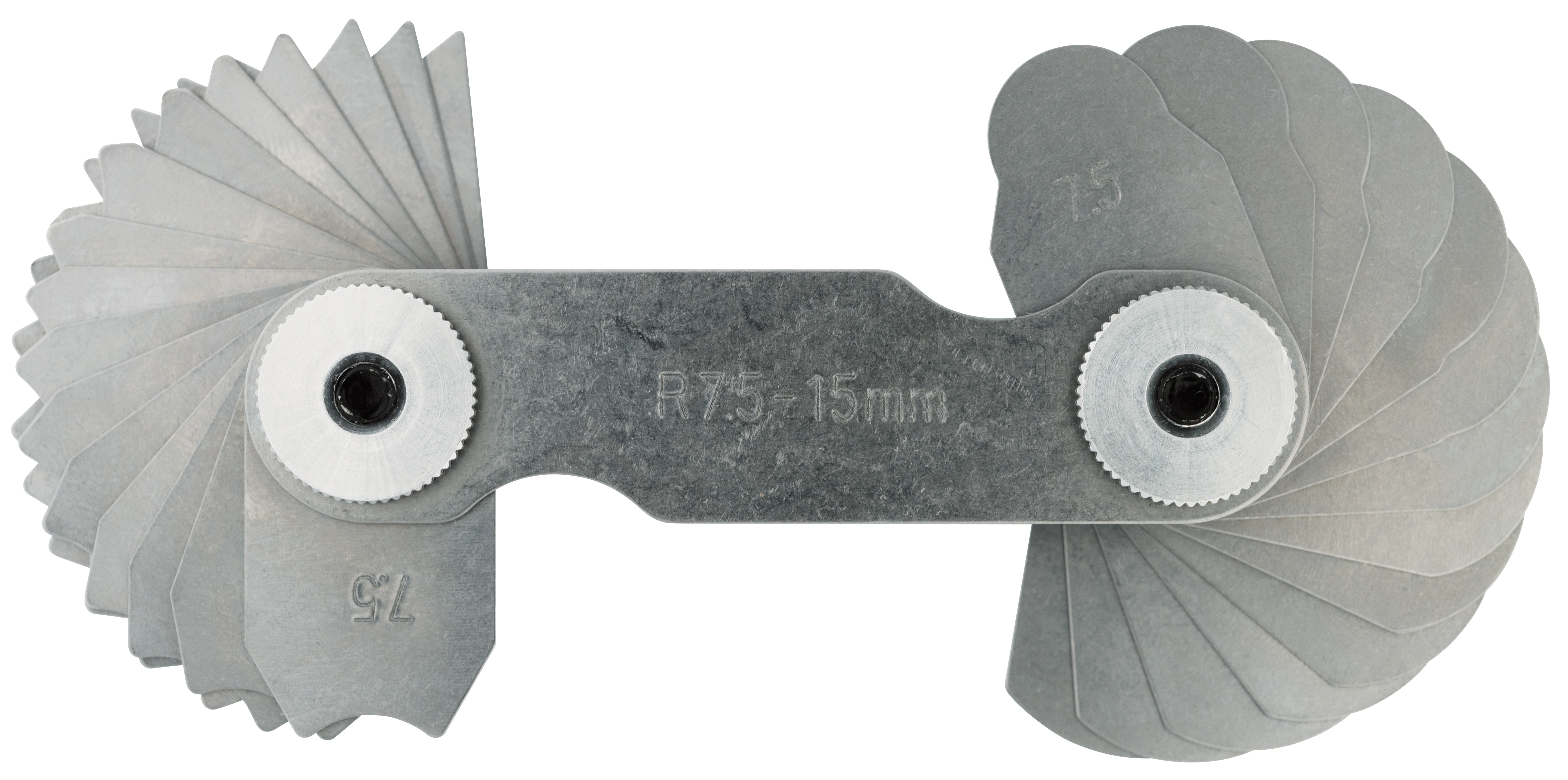 Radiemall, mätområde radier 1-7 mm, 17+17 blad, inkluderar blad för både invändiga och utvändiga radier, gradering 0,25 mm (1-3 mm) och 0,5 mm (3,5-7 mm)